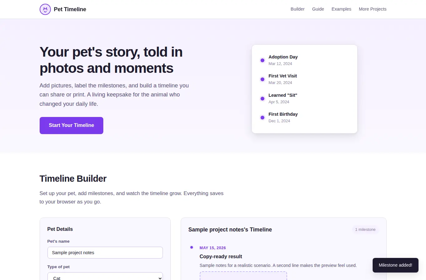 Screenshot of Pet Milestone Photo Timeline interface showing the project page in use